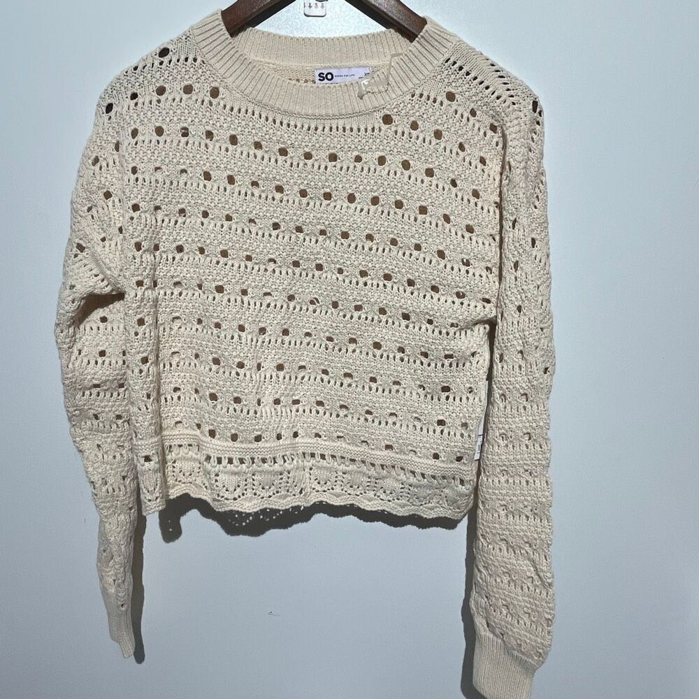 SO Juniors' Women's Beige Crochet Crew Neck Long Sleeve Pullover Sweater‎ XS NWT